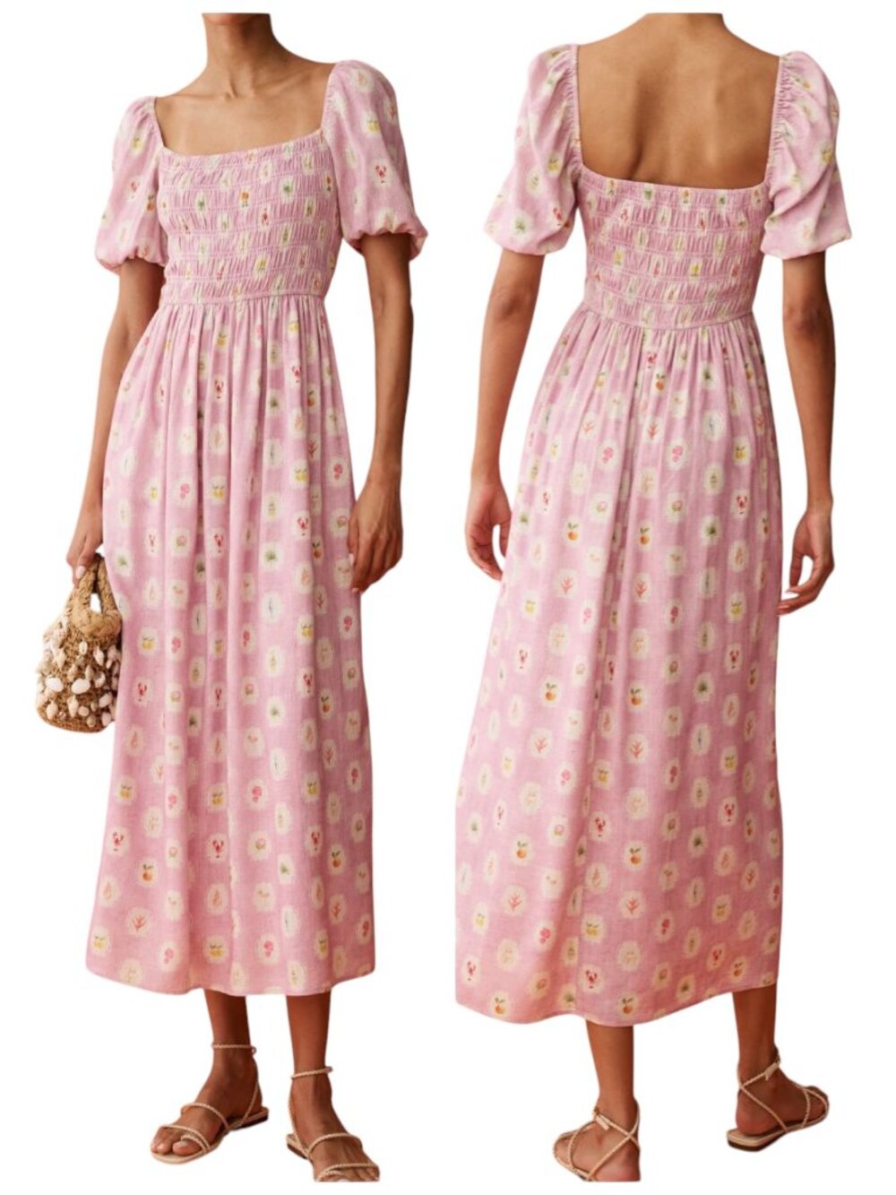 Anaya Marcey Pink Floral Smocked Linen Blend Midi Dress NWT Small